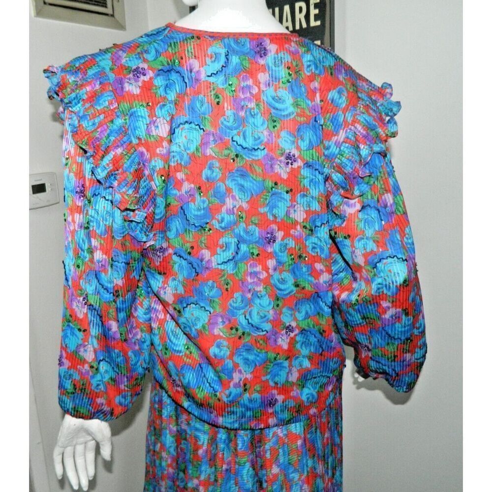 Vintage Diane Freis Skirt Set L/XL Blue  Purple Red Floral‎ Pleated Sequins 80's - Picture 5 of 13